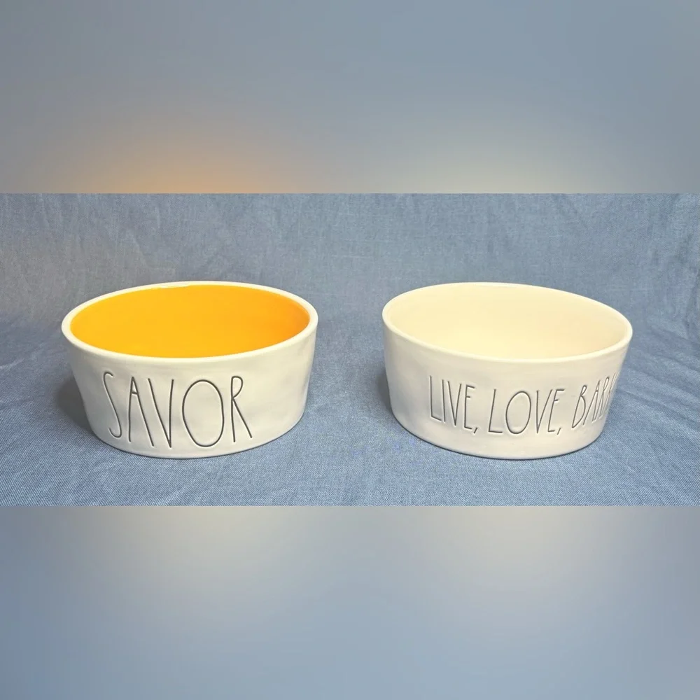 Rae Dunn Set of 2 Savor & Live Love Bark Bowls Ceramic Dog Pet Food Water Bowls